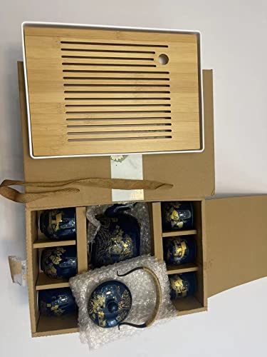 Japanese Tea Set, Black Glazed Tea Set In Gift Box With 1 Teapot, 1 Tea Strainer, 1 Tea Tray And 6 Tea Cups. Ideal Tea Set For Office Home, Asian Tea Sets For Tea Lovers(Country Blue) #TOP3