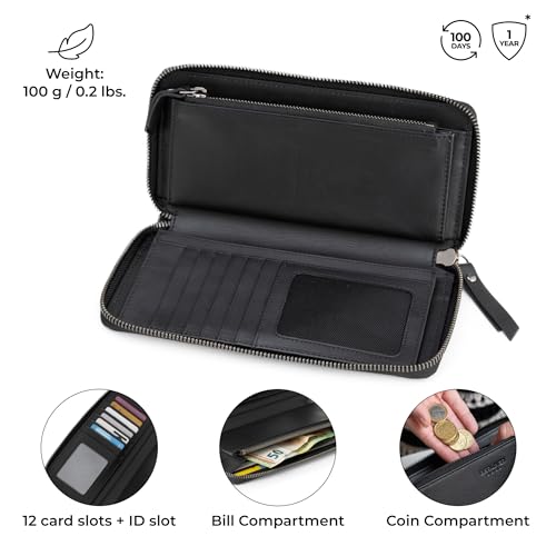 Image of BERLINER BAGS Genuine Leather Zip Wallet Women Margo, Gift Box - Black | Soft Leather Zip Around Wallet, Fit up to Phone 6.9 inch, 12 Card Slots, 1 ID Window, 1 Coin Pocket, RFID Blocking