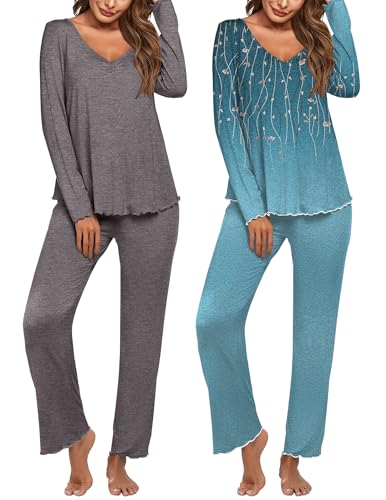 Image of Ekouaer Womens 2 Pack Pajama Set Long Sleeve Pajamas Top and Pants V Neck Pjs Set Soft Sleepwear Loungewear