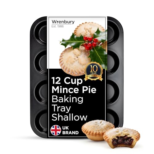 Wrenbury Pro Shallow Mince Pie Baking Tray 12 Cup - Non Stick Carbon Steel Tin for Christmas Mince Pies, Jam Tarts and Yorkshire Puddings - 10 Year Guarantee