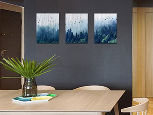Arjun Mountain Indigo Canvas Wall Art Summer Misty Foggy Forest Pictures Nature Navy Blue Painting Tree Landscape Artwork Framed For Bathroom Living Room Bedroom Home Office Wall Decor, 12"X16"X3 Pcs #TOP4