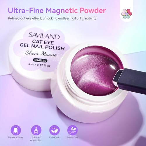 Image of SAVILAND Cat Eye Gel Nail Polish: 12 Colors Shimmer Glitter Cateye Gel Polish Art Delicate Magnetic Nail Polish Pen Quick Dry with Magnet Stick Smooth DIY Manicure Salon Velvet Nails 5ml