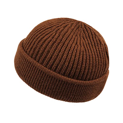 Croogo Classic Knit Cuff Beanie Cap Windproof Roll up Edge Skullcap Unisex Shorter Fisherman Watch Cap Habour Hat,Camel-KH42
