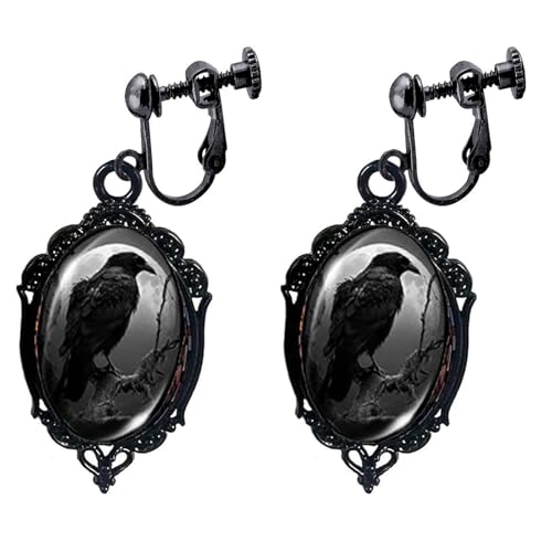 Halloween Earrings for Women, Clip on Earrings for Sensitive Ears Women No Piercing, Vintage Gothic Mystery Witch Raven Punk Rose Cameo Dangle Crystal Glass Flower Dark Style Mystic Trendy Jewelry
