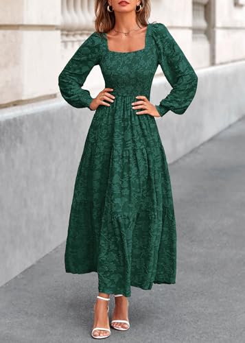 KIRUNDO Wedding Guest Dresses for Women 2026 Fall Long Sleeve Smocked Floral Flowy Spring Baby Shower Maxi Dress Pockets (Emerald Green, XX-Large) — view 4