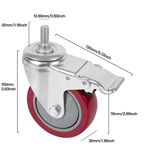 dicasal 4 inch heavy duty stem casters 360 degree swivel thread wheels with metric size m12-175 screw bolt double locking brake castor wheel load capacity upto 1200 lbs pack of four