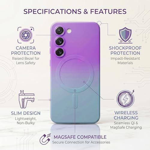 Image of amazon basics Gradient Mag-Safe Case for Samsung Galaxy S23 5G | Soft Silicone Shockproof Cover with Camera Protection | Slim Lightweight Design | Smooth Touch & Durable - Purple & Gray