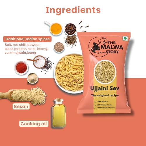 Image of The Malwa Story Original Ujjaini Sev - 200gm (Pack Of 3) | Cooked & Packed in Ujjain | Special Madhya Pradesh Authentic Sev Namkeen With No Maida | Spicy & Crunchy | For Poha & Tea Time Snacking