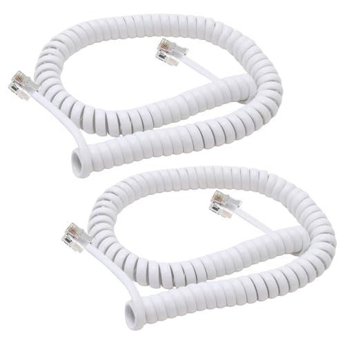 Hugwait 2 PCS Telephone Handset Cable Cord 3 Meters, Landline Phone Cable Coiled RJ9 RJ10 RJ22 4P4C, High Elasticity Phone Handset Cord Coiled Length 3-10 Feet, White