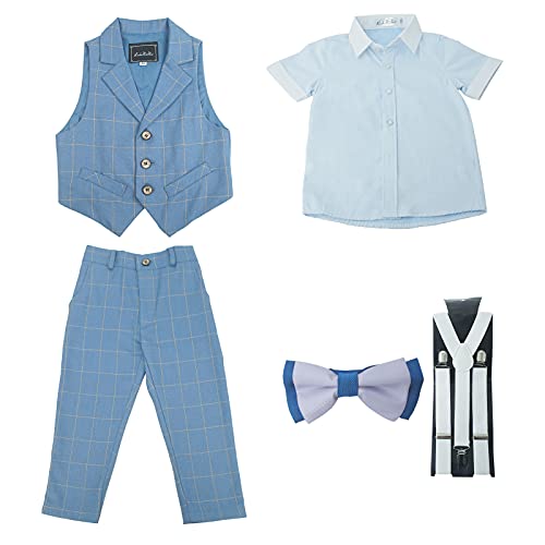 Gentleman Suspender Pants Sets for Boys Ring Bearer Easter Outfit Dress Top Shirts Vests Suspender Pants with Bow Tie Set Summer Outfits for Family Picture