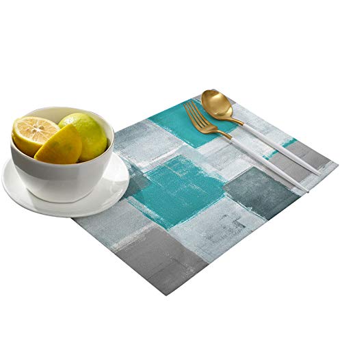 Artshowing Teal Grey Placemats, Set Of 6 Anti-Skid Table Mats, Washable Placemats For Kitchen Dining Table Decoration 19X13 Inch - Abstract Art Painting #TOP1