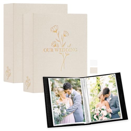 Lanpn Wedding Photo Album 7x5 2 Packs, Each Pack holds 50 Pictures, Slip in Pockets Mini Linen Top Loading Wedding Photo Albums for Portrait Only 13x18cm Picture (Flower, Beige)