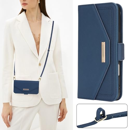 Jaorty Crossbody Wallet for iPhone 17 Case with Strap Blue Credit Card Holder,Shouler Lanyard, 6.3\",PU Leather,Handbag Purse,Kickstand,Make Up Mirror Cover,for Women Girl