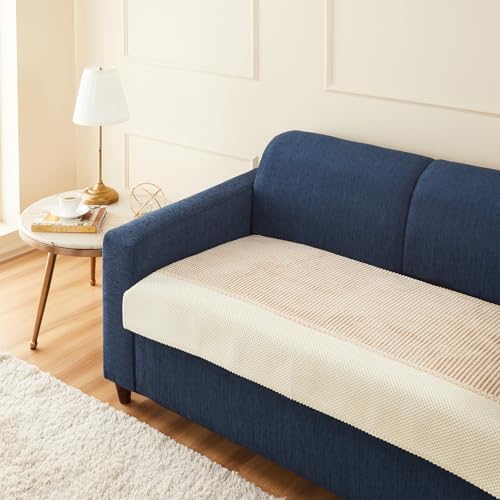 Image of Amazon Basics Knitted Fabric Sofa Cover for Two Seater, Playful Polka Dots, Non-Slip Sofa Pad, 70x120 cm, Soft Silicone Grip Dots, 100% Polyester, Machine Washable - Camel