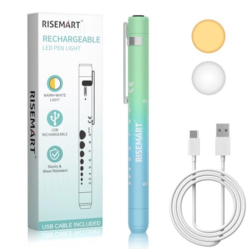 RISEMART Pupillenleuchte Diagnostikleuchte mit Pupillenmessgerät und Lineal,Warmes/Kühles Weiß, Aufladbar USB LED Stiftlampe für Krankenschwester, Rechargeable penlight (Farbverlauf blau grün)