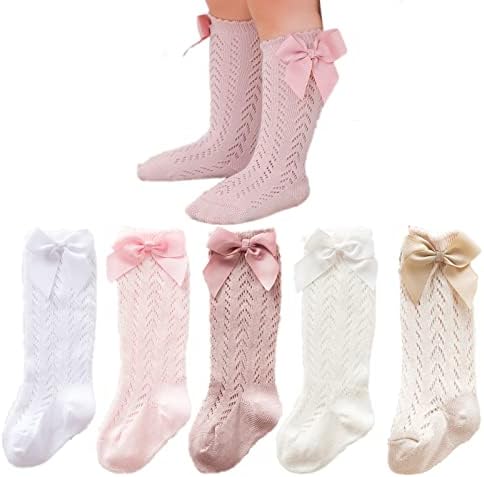 Taous Assam Baby Girls Knee High Socks Toddler Bow Mesh Long Stockings Infants Thin Socks For Spring Summer 5-Pack Mesh Size 12-24 Months