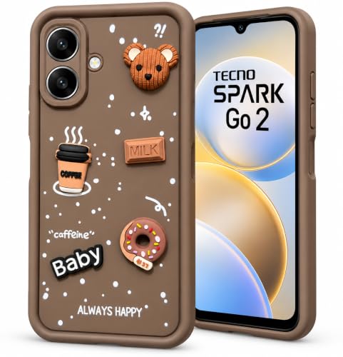 Image of Bintage Back Cover Compatible for Tecno KM4 / Spark Go 2 | Cute Fun Ball | 3D Taddy Smiley Coffee | Milk Case | Full Body Protection - Brown