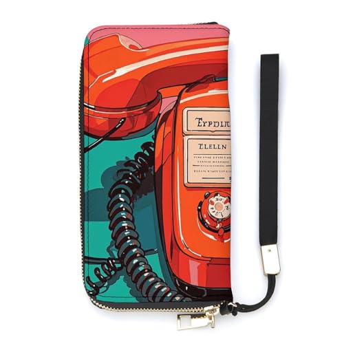 England UK Retro London Telephones Ladies' Leather Wallet With Hand Strap Slim Vertical Purse Wallets Card Case Long Zip Around Long Wallet Credit Cards Holder Phone Clutch