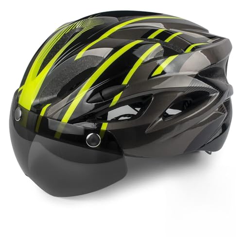 Shinmax Fahrradhelm Herren Damen,Fahrradhelm mit Visier Abnehmbarer Schutzbrille MTB Helm mit LED Rücklicht Sicherheitsschutz für Erwachsene Radhelm Einstellbarer (schwarzgrünes Titan)