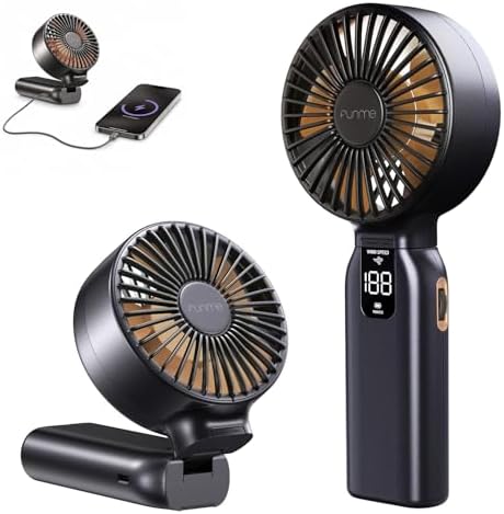 Funme Handventilator, 10000mAh 46H Ventilator Hand mit Powerbank, 100 Windstufen & Sturmmodus, 4" Flügel Tragbarer Ventilator, 180°-Faltung Wiederaufladen für Camping, Reisen, Urla