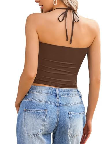 Image of Avidlove Halter Tops for Women Going Out Double Lined Sexy Crop Tank Top Ruched Slim Fit Cami Y2K Outfits Womens Summer Tops
