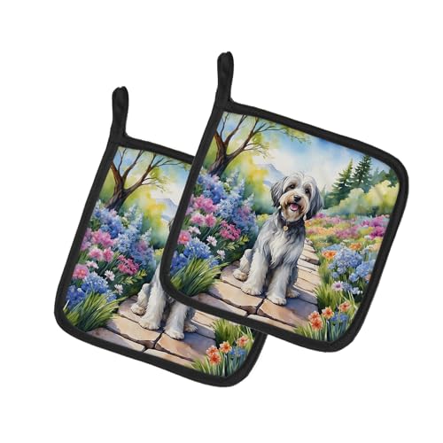Caroline's Treasures Tibetan Terrier Spring Path Pair of Pot Holders Kitchen Heat Resistant Pot Holders Sets Oven Hot Pads for Cooking Baking BBQ, 7 1/2 x 7 1/2