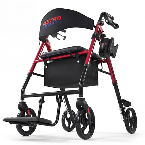 Metro Mobility 2 in 1 Rollator Walker & Transport Wheelchair, Foldable Lightweight Rollator Walker with Seat for Seniors, 8" Big Wheels for All Terrain, 300 lb. Weight Capacity, Red