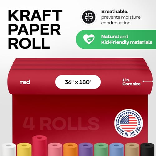 Red Kraft Paper Rolls 36" x 2160" (180 feet), Pack of 4 - USA-Made Craft Paper Roll 50lb Thickness for Art, Gift Wrapping & Moving - High-Density Roll for School by IDL Packaging - Thumbnail 2