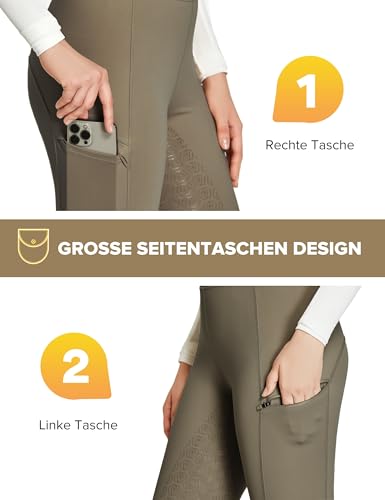 FitsT4 Sports Reitleggings Damen Reithose Mädchen Silikon vollbesatz mit Handytasche und Gürtelschlaufen für Reitsport Pferdetraining,Dunkelbraun,S