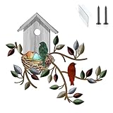 Vehookin Metal Bird Wall Decor, Bird Art Wall Decor with Adhesives & Nails, Birdhouse Metal Wall Hangings for Living Room Bedroon, Outdoor Garden Porch, 12.2 x 10.6 inches