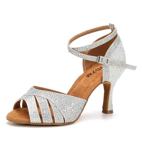 Zapatos de Baile Latino Mujer Strass Salsa y Bachata Tacón Tango Profesional Sandalias Baile de Salon,L549,Plateado,Tacón 7.5cm,Suela de Gamuza,EU 37