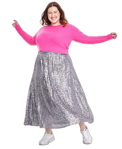 Plus Size Sequin Pleated Midi Skirt Silver Combo 24W