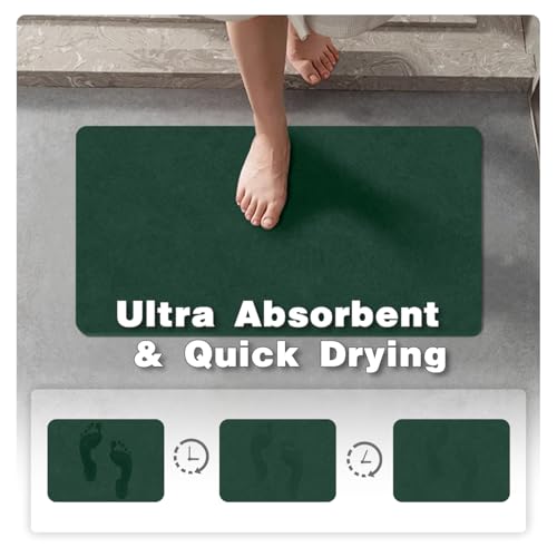 Bathroom Mat Quick Dry, Bathroom Rugs Non Slip Washable Thin Absorbent Bath Mat Fits Under Door Bathroom Floor Mat Perfect for Bath, Shower, or Sink 16"x24" Dark Green
