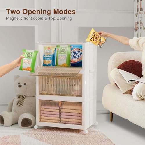 Image of Strassis Design 3 Door Portable Plastic Wardrobe for Bedroom | Large Clothes Almirah with Hanging Rod & Storage Shelves | Dustproof Transparent Doors | Movable Cabinet with Wheels (White)