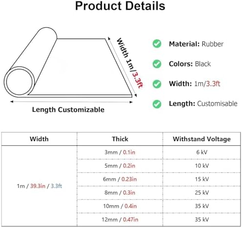 High Voltage Rubber Insulation Mat 6000V, Non-Slip Electrical Safety Mat for Home & Commercial Use, Large Insulated Floor Matting (0.1in x 10.5ft)