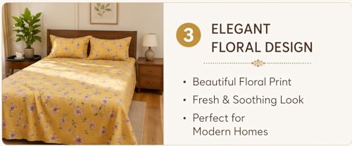 Image of Cotton Double Bedsheet with Pillow Covers - Floral Dreamscape Print, 144 TC Soft & Breathable Bedding Set (90x100 Inch), Premium Flat Bed Sheet