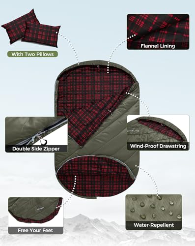 Image of KingCamp Double Sleeping Bag for Adults, Queen Size 2 Person XXL Flannel Sleeping Bag, Waterproof Lightweight Flannel Quilt with 2 Pillows, Perfect for Couples Family Camping Hiking