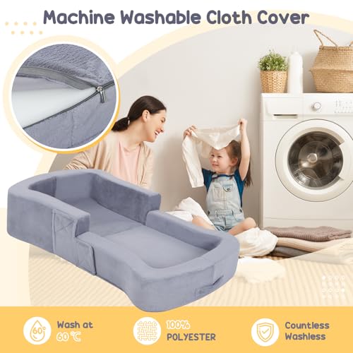 Portable Toddler Travel Bed, 2-in-1 Foldable Toddler Bed Sofa Chair, Soft Baby Kids Travel Floor Cot with Washable Covers Safety Foam Raised Bumper for Grandma's House Road Trips Camping Hotel by whiffee - Image 4
