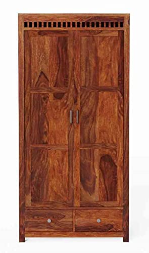 Image of WOODLAB Furniture Sheesham Wood Two Door and Drawer Storage Wardrobe for Home Wooden Almirah for Bedroom (Honey Finish)