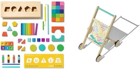 Lovevery 70-Piece Solid Wood Building Block Set, Shapes, Storage Box + Wooden Toy Stroller for Pretend Play, Ages 12 Months+