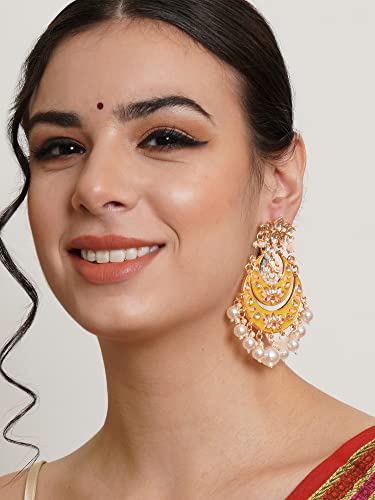 Image of Karatcart Gold Plated Yellow Meena Dangler Earrings for Women