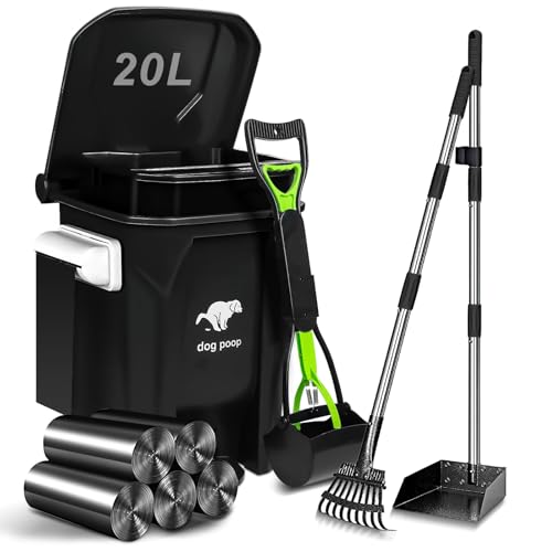 Image of Dog Poop Trash Can Outside with Pooper Scooper and Metal Rake & Tray, 20L /5Gal Dog Waste Trash Can with Lid, Pedal and Removable Inner Waste Bin, Pet Poop Bin with 100 Bags