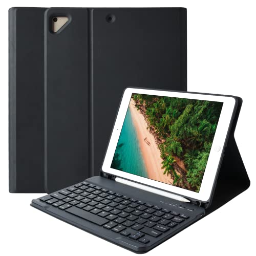 Funda con teclado para iPad de 9.7 pulgadas (6ª generación), Air 1, funda de TPU con teclado inalámbrico Bluetooth extraíble y soporte para lápiz integrado (negro) Cover