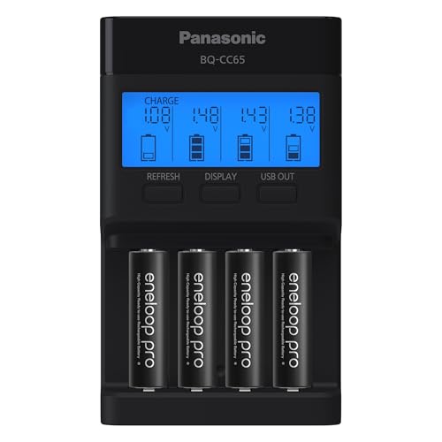 Panasonic K-KJ65KHA4BA Chargeur Rapide à 4 Positions avec écran LCD, Port de Charge USB et Piles Rechargeables 4AA eneloop Pro Noir
