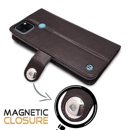 Image of Pikkme Realme C21y Flip Cover Leather Finish | Inside TPU with Card Pockets | Wallet Stand and Shock Proof | Complete Protection Button Flip Case (Coffee)