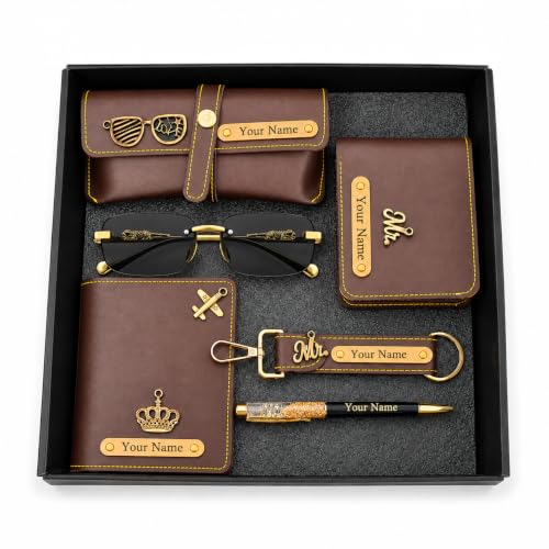 Birthday Gift for Men | Customized Gift Hamper for Men, 6-Piece Personalized PU Leather Wallet, Passport Cover, Sunglass with Cover, Keychain, & Pen, Customized Gift Items Man, Diwali Gifting (Brown)