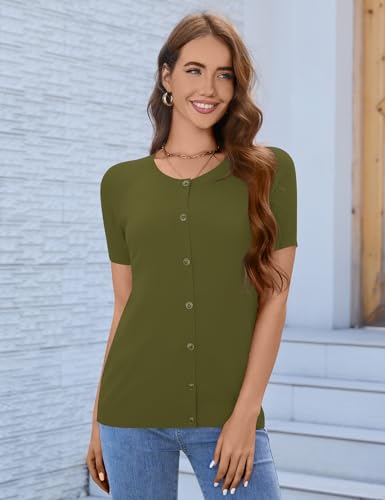 Image of FreshNight Women's 2025 Short Sleeve Cardigan Button Up Hollowed Out Crewneck Shrug Sweaters Knit Sweater Tops Lightweight