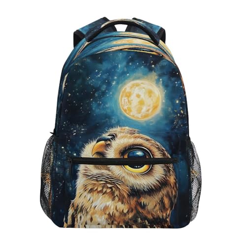 Owl Moon Night Watercolor Backpack for School Boys Girls Adults Kids Bookbag Laptop Bag 15L