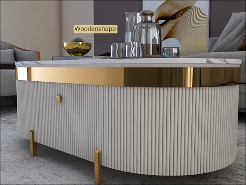 Image of Premium Marble-Top Center Table with One Storage Door and PVD Coated lron Legs and Coffee Table with Oval Design for Living Room and Entryway,42x24x18 Inch, (White and Gold)