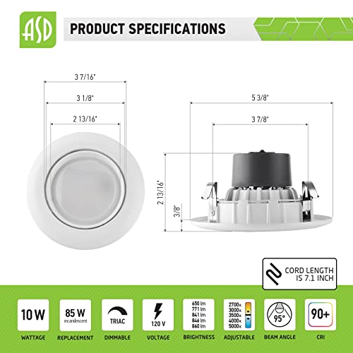Asd Gimbal Retrofit, 4 Inch Led Recessed Lights, 5Cct 2700/3000/3500/4000/5000K Adjustable, Led Can Lights 10W -85W Replacement, 800 Lm Dimmable Ceiling Lights, Led Room Lights, Energy Star, Etl 1Pack #TOP2